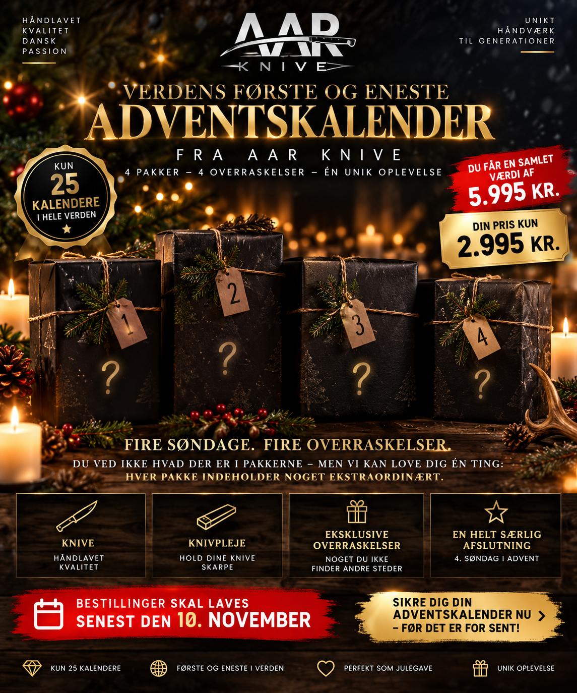 🎄🔥 EN VERDENSNYHED FRA AAR KNIVE! 🔥🎄

Vi tør godt love, at du ikke har prøvet en adventskalender som denne før!

I år lancerer vi hos AAR Knive det, vi præsenterer som verdens første og eneste adventskalender af denne slags! 🔪🎁

Vi har sammensat nog